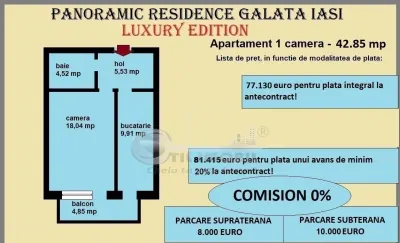 Apartament 1 camera de vanzare in Iasi, Galata, 42,85 mp, bloc nou - foto 2