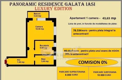 Apartament 1 camera de vanzare in Iasi, Galata, 43.63 mp, baie cu geam - foto 2
