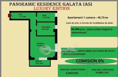 Apartament 1 camera de vanzare in Iasi, Galata, 46.72 mp, baie cu geam, etaj intermediar, vedere mutare rapida - foto 2